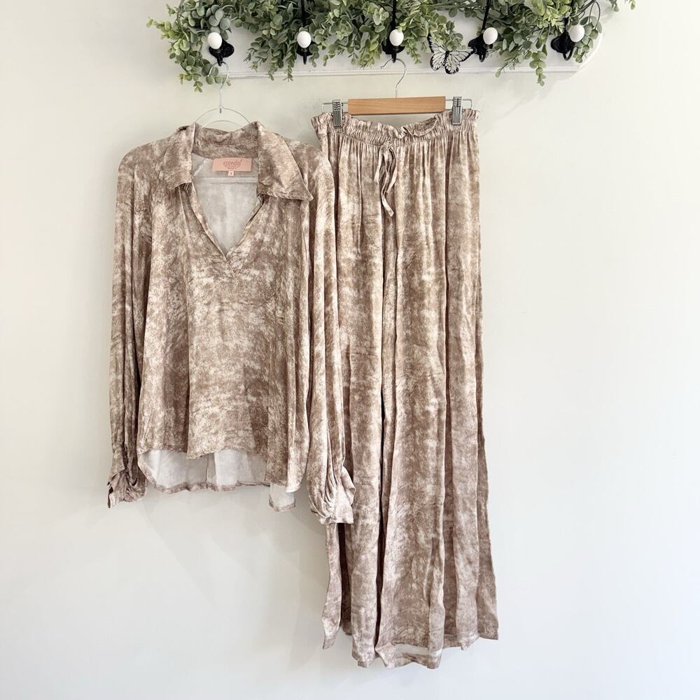 Scandal Made In Italy 2 Piece Wide Leg Bohemian Pants And Blouse Set Small Brown